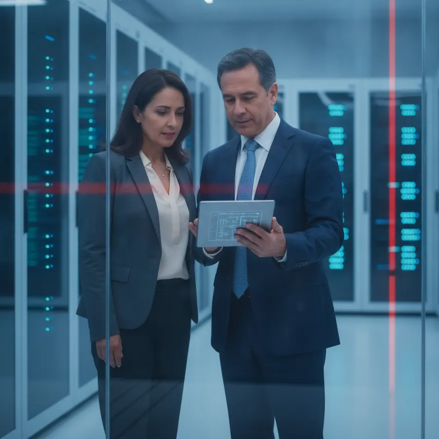 Director de TI y consultora de Oracle revisando un plan técnico junto a los servidores