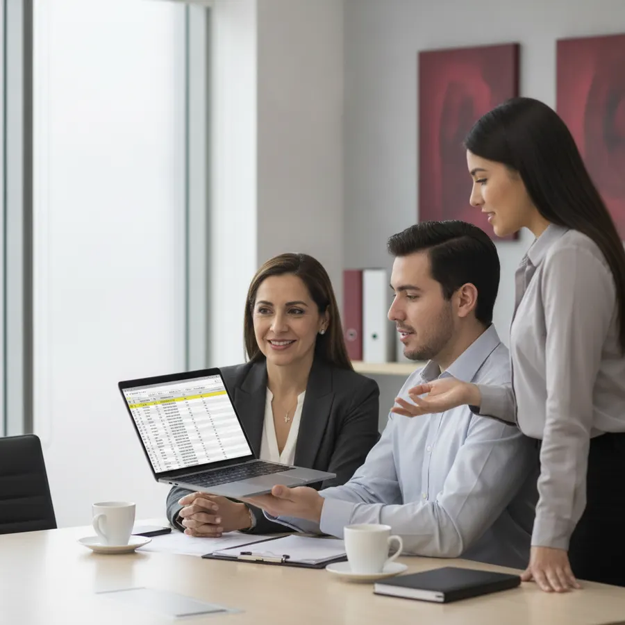 Contralora y su equipo revisando el cierre del mes en una laptop