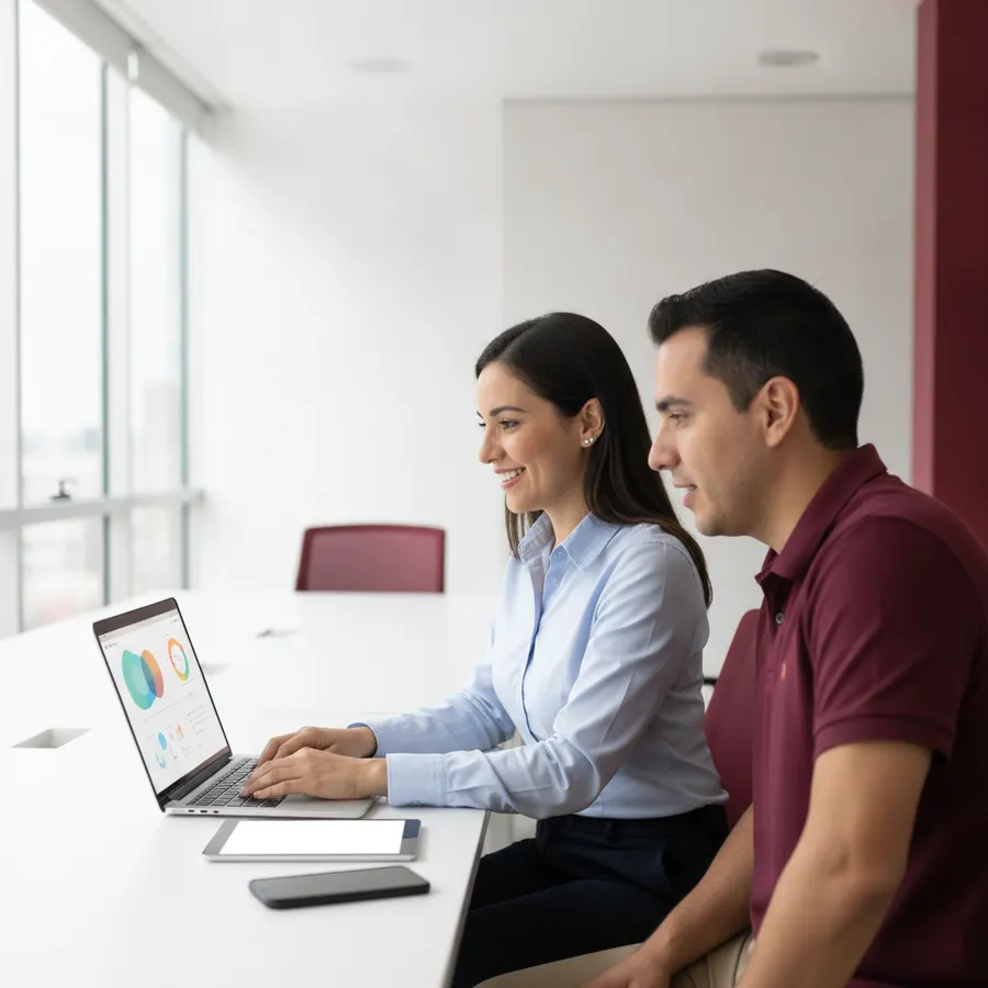 Dos colaboradores probando una interfaz nueva en una laptop, con tableta y teléfono a un lado